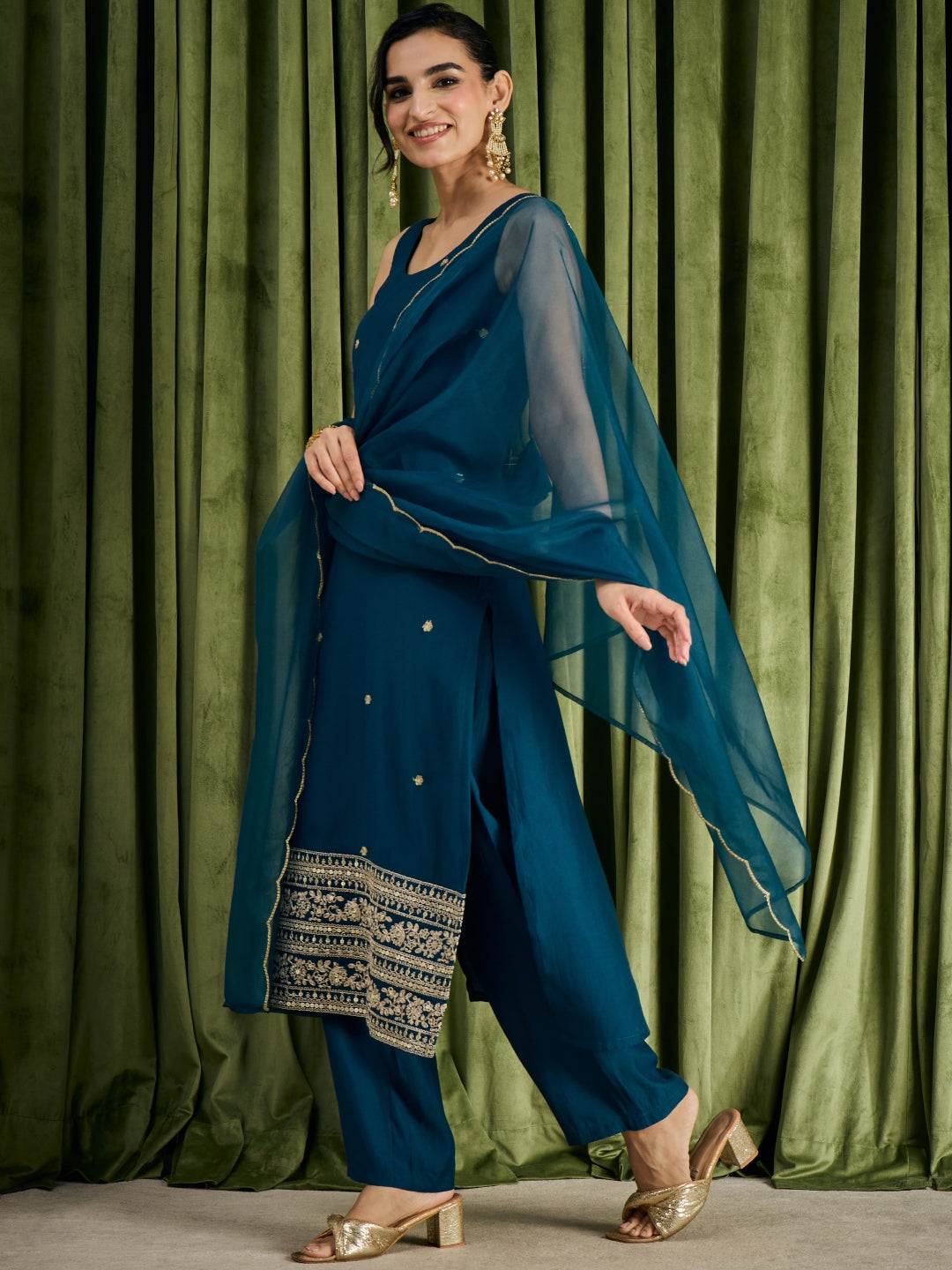 Janasya Women's Teal Blue Chanderi Silk Floral Embroidered Straight Kurta Set