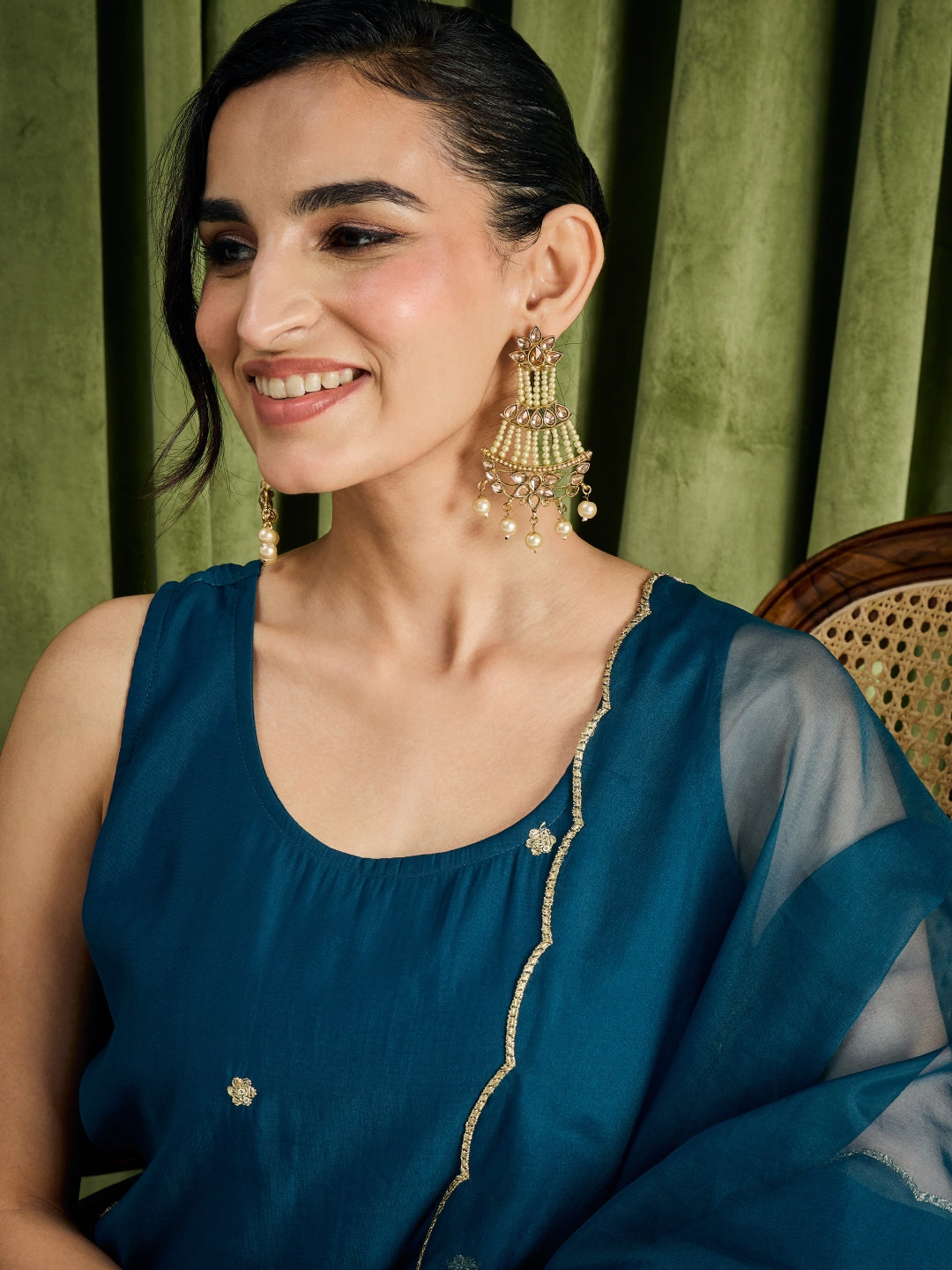 Janasya Women's Teal Blue Chanderi Silk Floral Embroidered Straight Kurta Set
