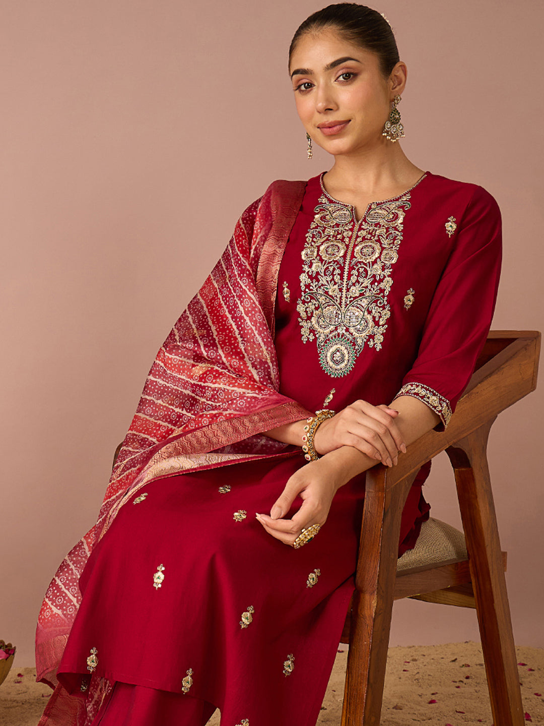 Janasya Women's Maroon Chanderi Silk Floral Zari Embroidered Straight Kurta Set with Bandhani Printed Dupatta