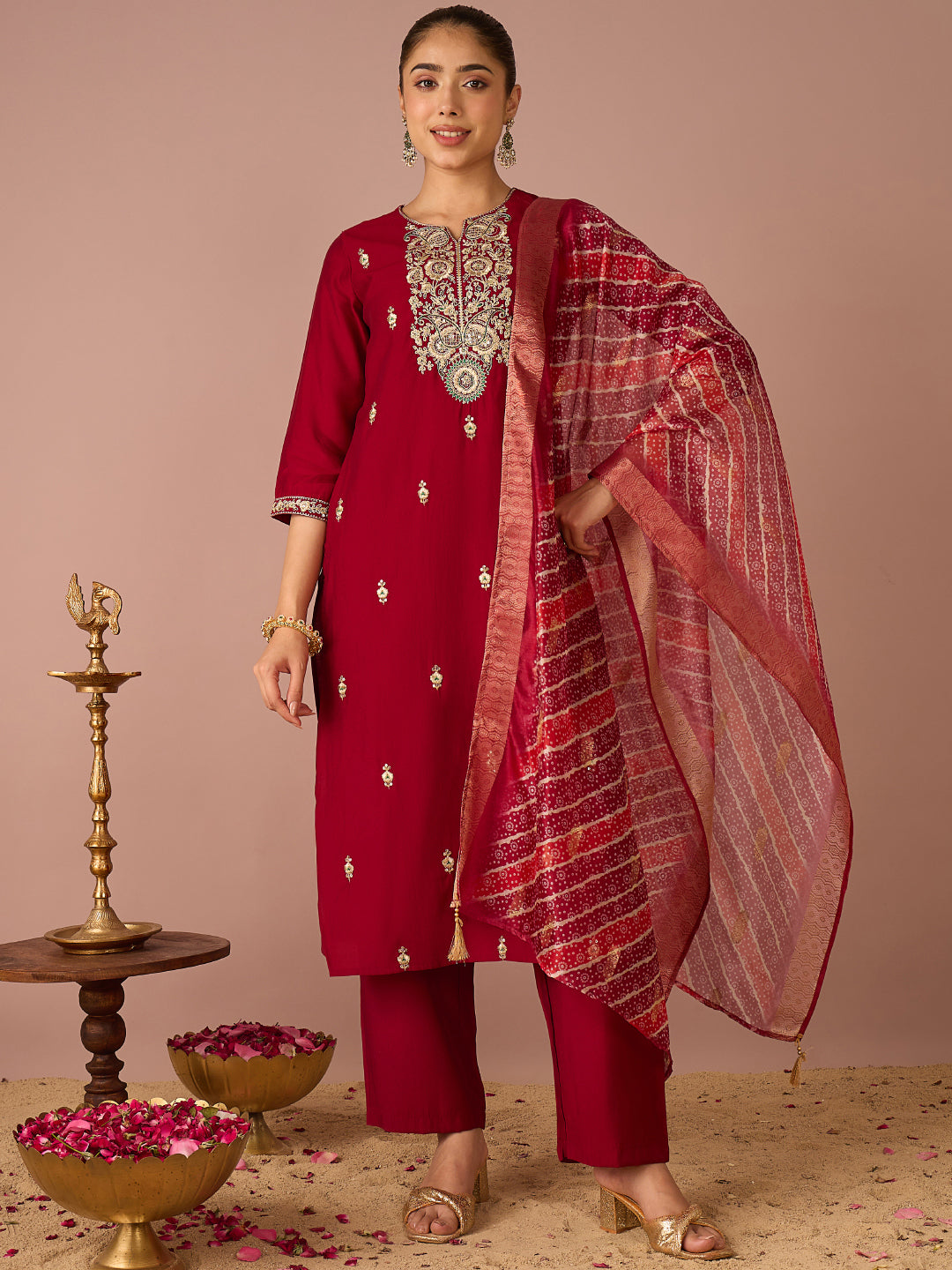 Janasya Women's Maroon Chanderi Silk Floral Zari Embroidered Straight Kurta Set with Bandhani Printed Dupatta