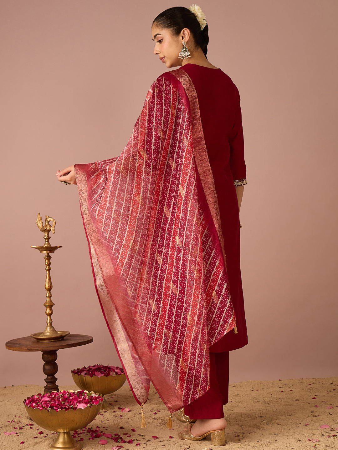 Janasya Women's Maroon Chanderi Silk Floral Zari Embroidered Straight Kurta Set with Bandhani Printed Dupatta