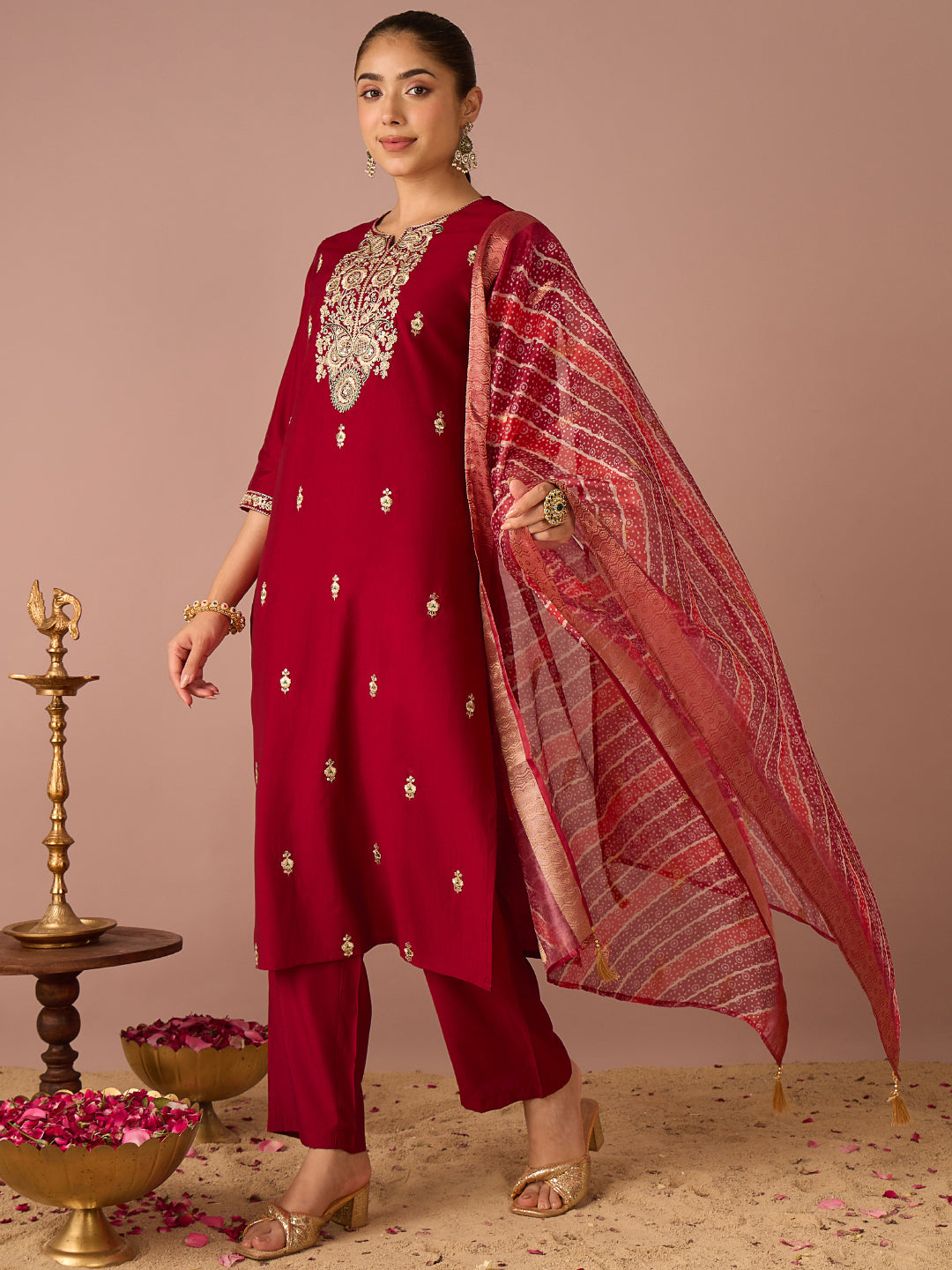 Janasya Women's Maroon Chanderi Silk Floral Zari Embroidered Straight Kurta Set with Bandhani Printed Dupatta