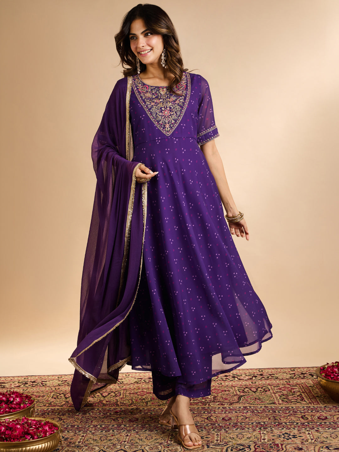 Janasya Women's Purple Georgette Zari Embroidered Bandhani Printed A-Line Kurta Set
