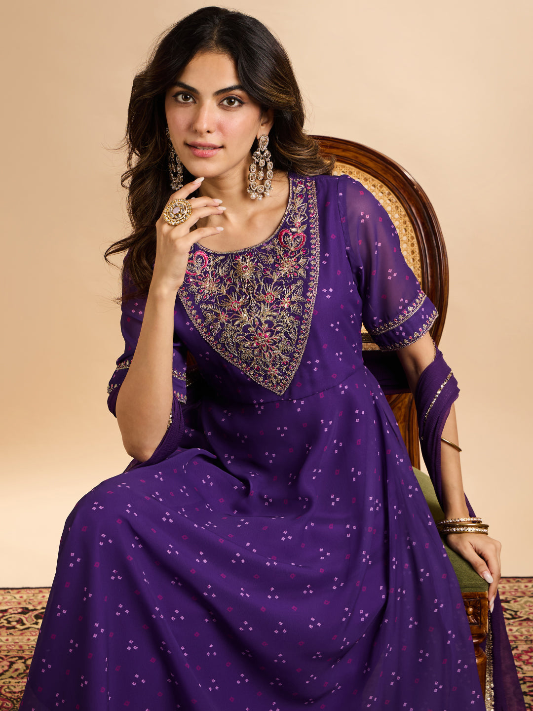 Janasya Women's Purple Georgette Zari Embroidered Bandhani Printed A-Line Kurta Set