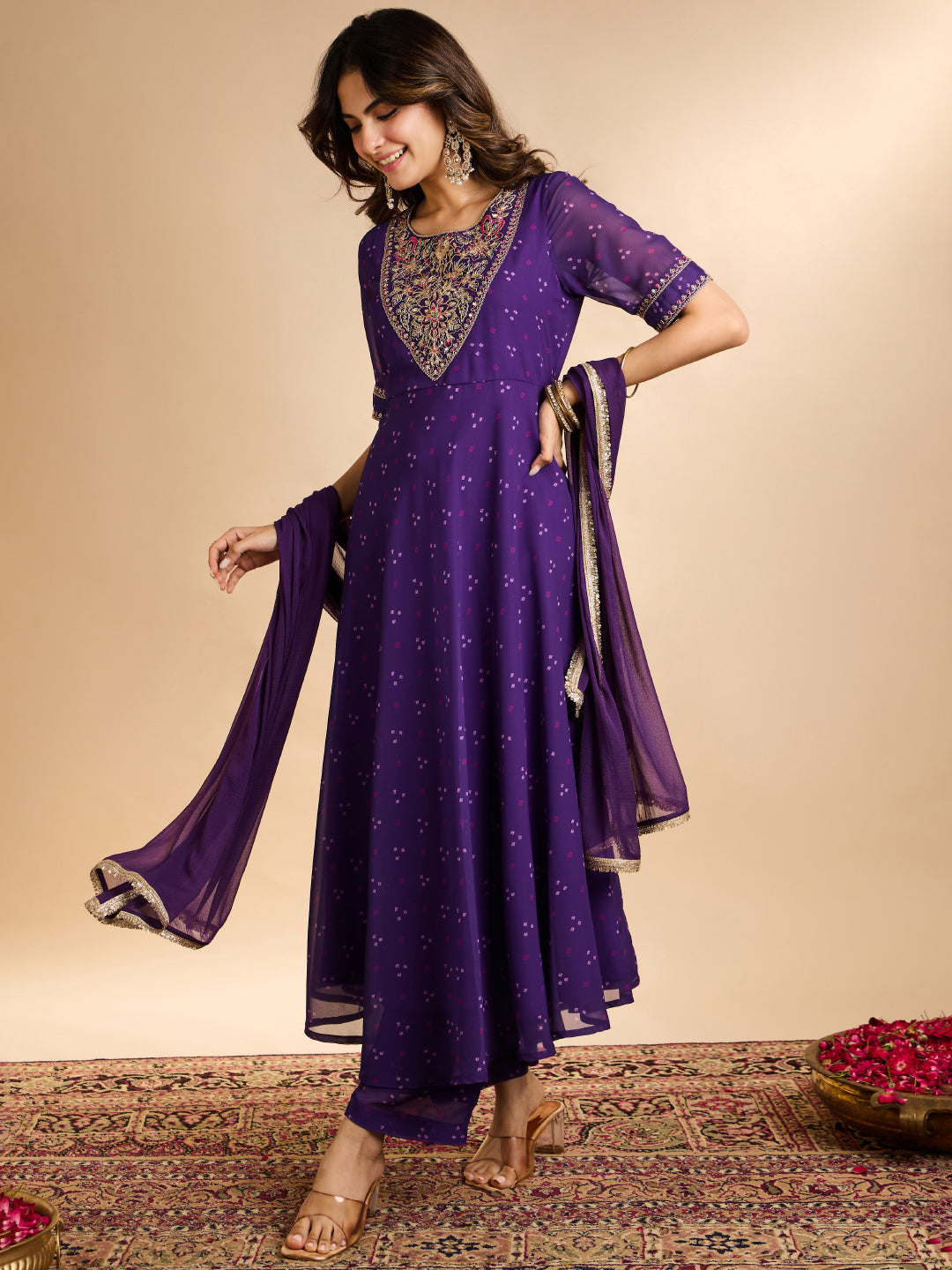 Janasya Women's Purple Georgette Zari Embroidered Bandhani Printed A-Line Kurta Set