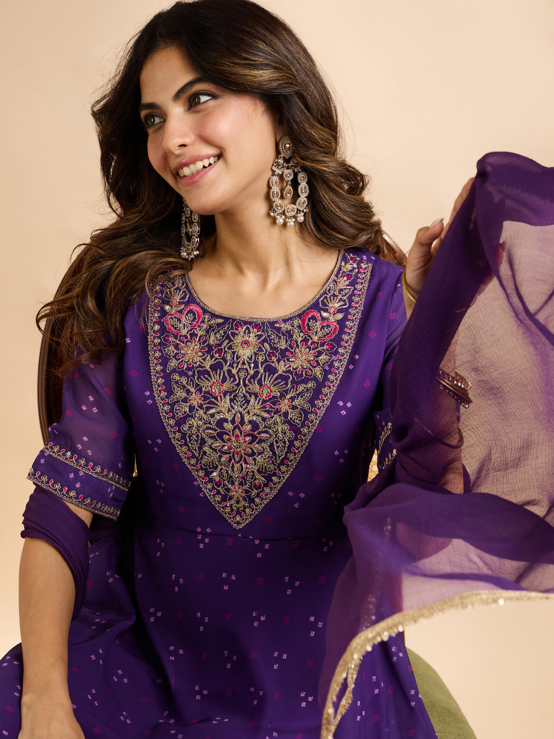 Janasya Women's Purple Georgette Zari Embroidered Bandhani Printed A-Line Kurta Set
