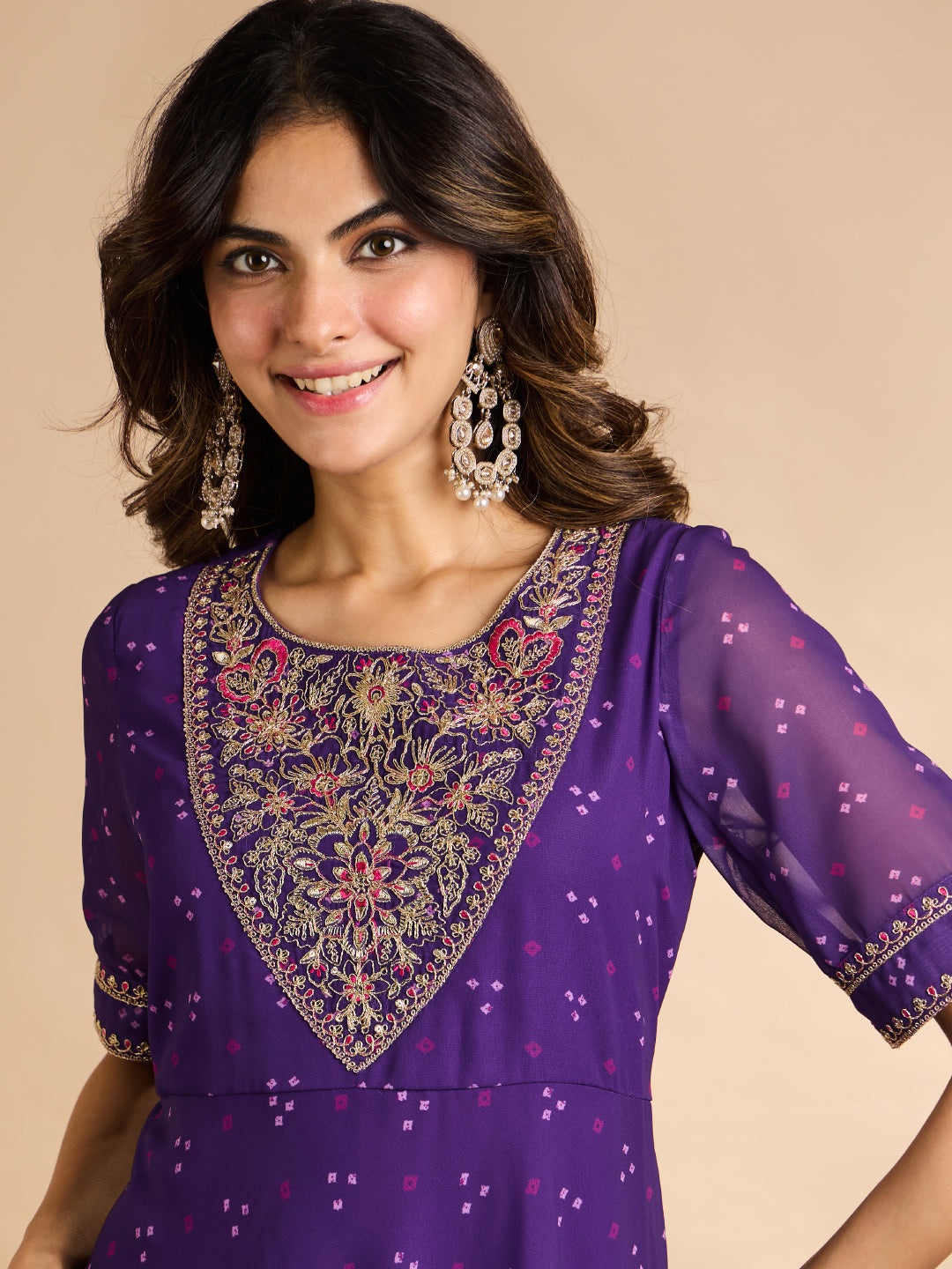 Janasya Women's Purple Georgette Zari Embroidered Bandhani Printed A-Line Kurta Set