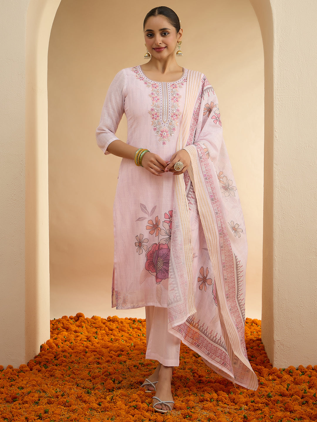 Janasya Women's Light Pink Linen Blend Floral Embroidered Straight Kurta Set with Printed Dupatta