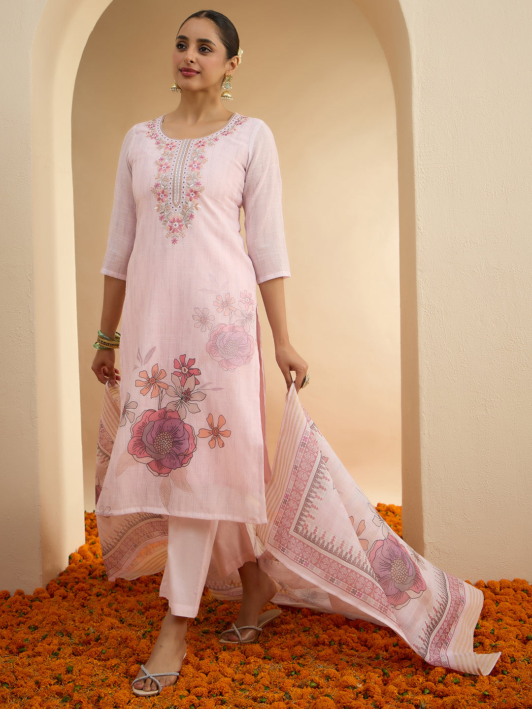 Janasya Women's Light Pink Linen Blend Floral Embroidered Straight Kurta Set with Printed Dupatta