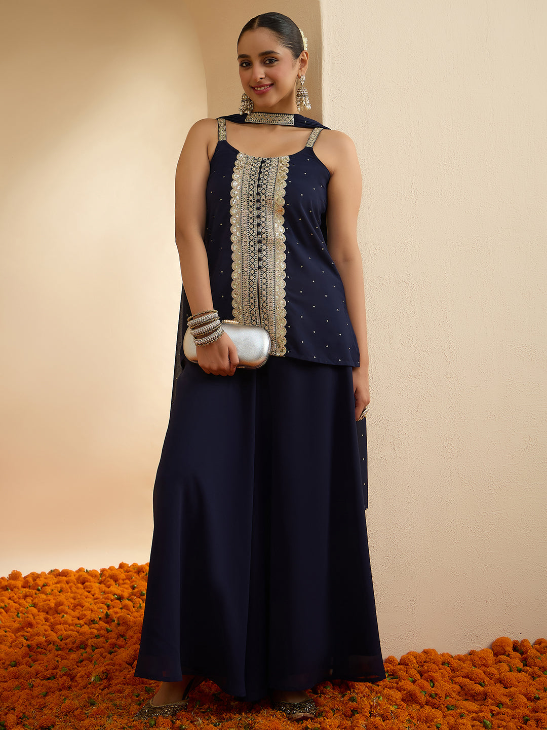 Janasya Women's Dark Blue Georgette Sequin Embellished Straight Kurta with Sharara & Choker Dupatta Set
