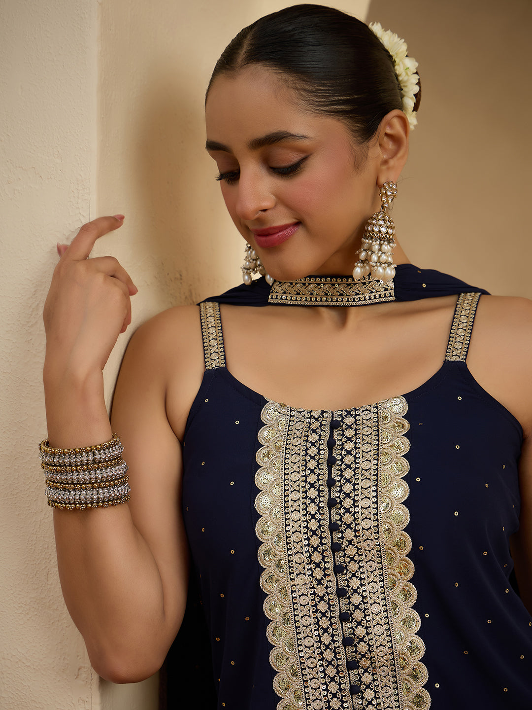 Janasya Women's Dark Blue Georgette Sequin Embellished Straight Kurta with Sharara & Choker Dupatta Set