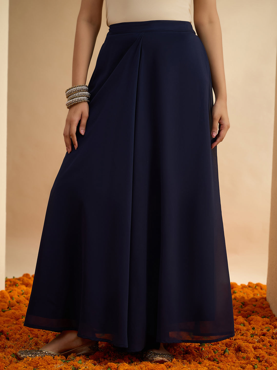 Janasya Women's Dark Blue Georgette Sequin Embellished Straight Kurta with Sharara & Choker Dupatta Set