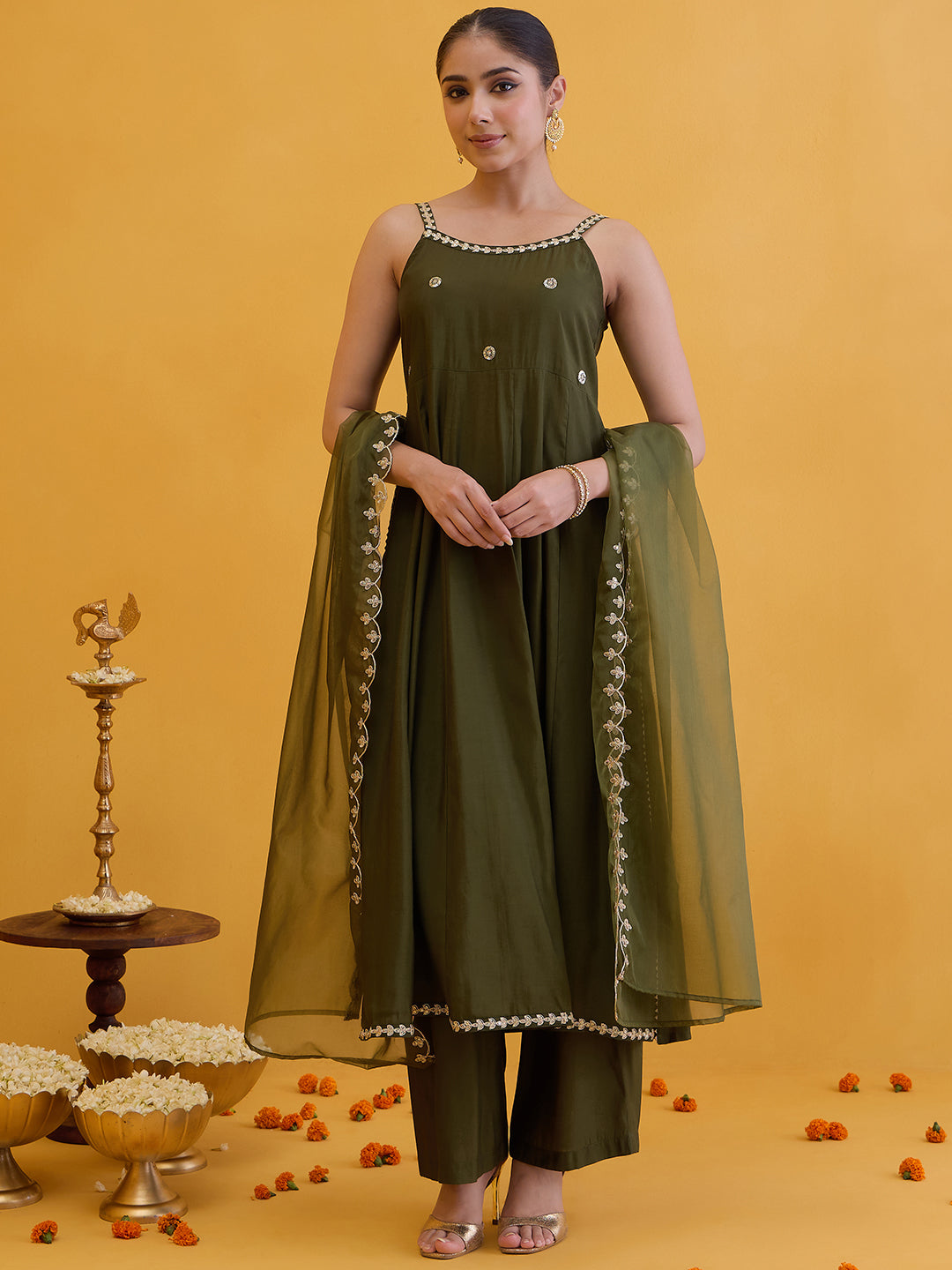 Janasya Women's Olive Green Chanderi Silk Embellished A-Line Kurta Set