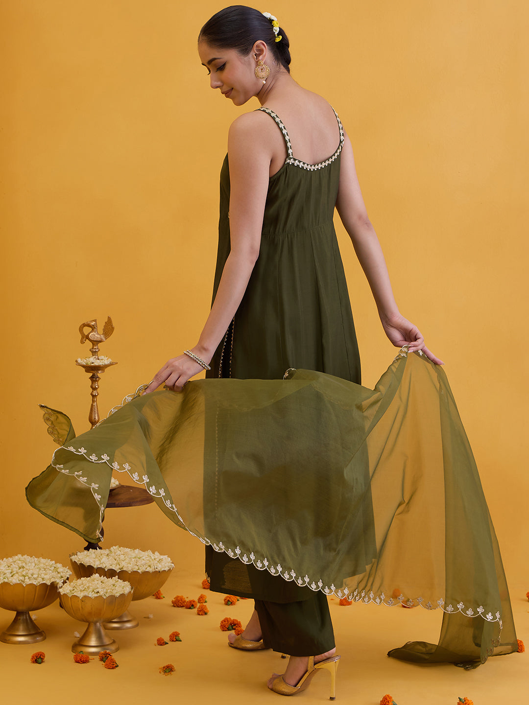 Janasya Women's Olive Green Chanderi Silk Embellished A-Line Kurta Set