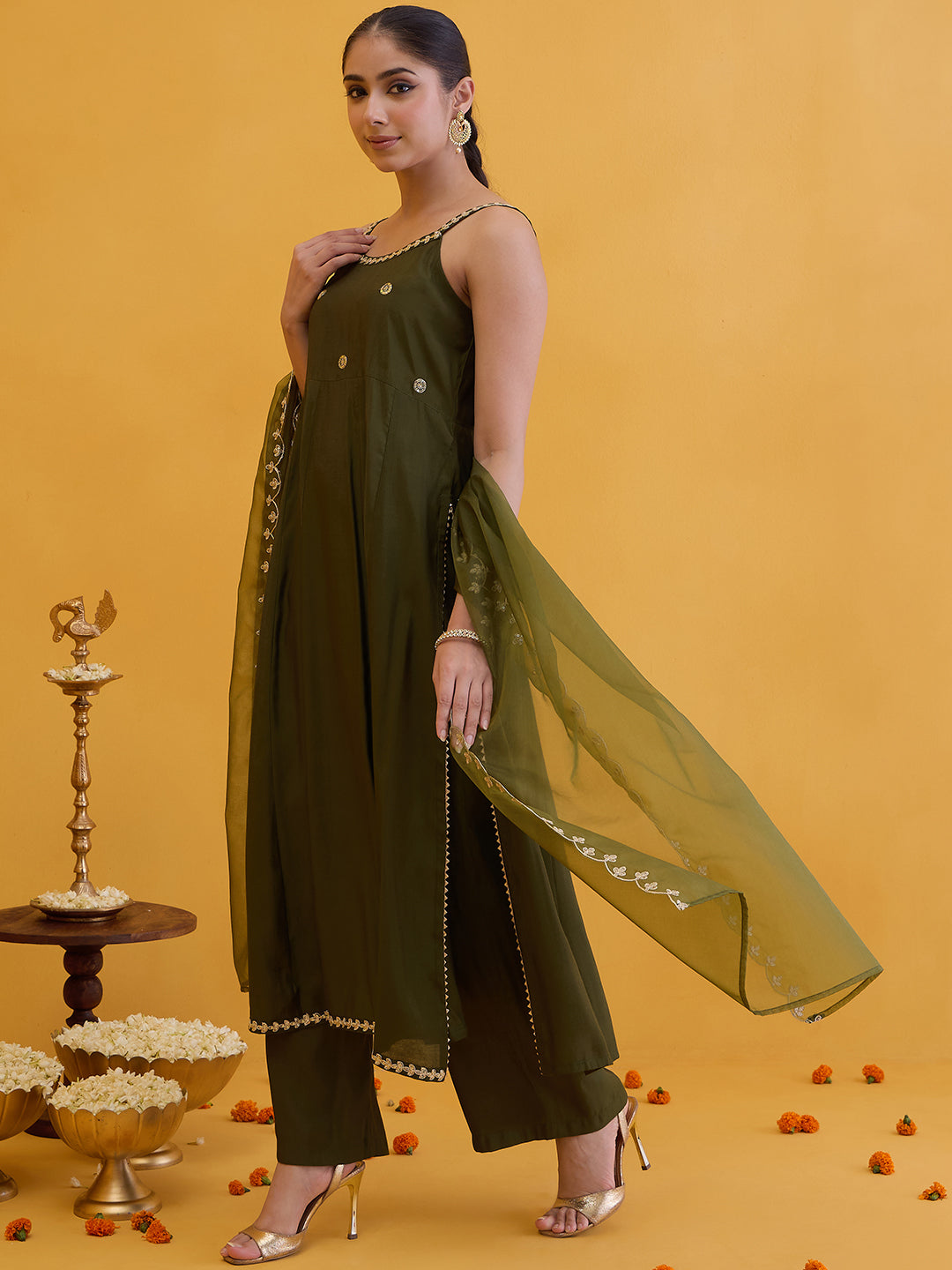 Janasya Women's Olive Green Chanderi Silk Embellished A-Line Kurta Set