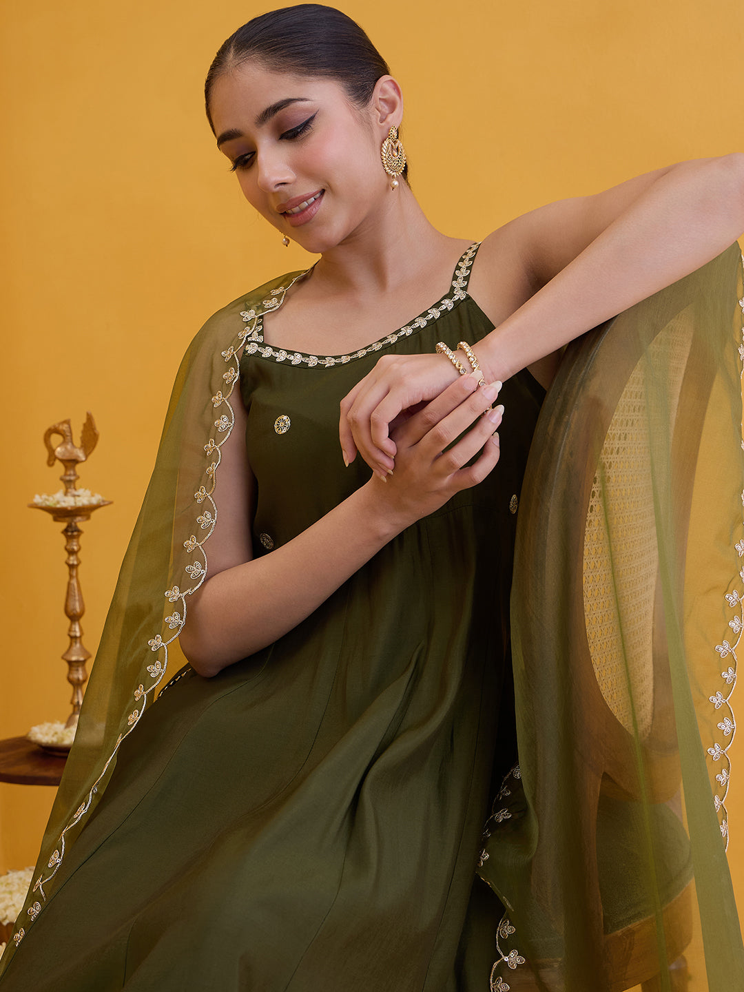 Janasya Women's Olive Green Chanderi Silk Embellished A-Line Kurta Set