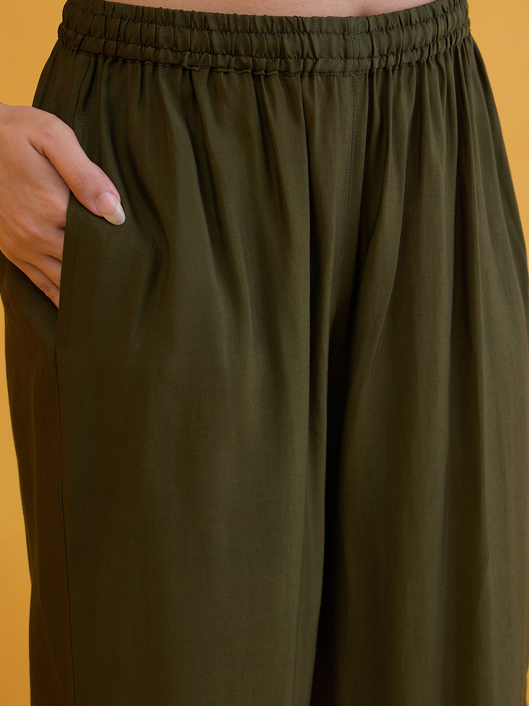 Janasya Women's Olive Green Chanderi Silk Embellished A-Line Kurta Set