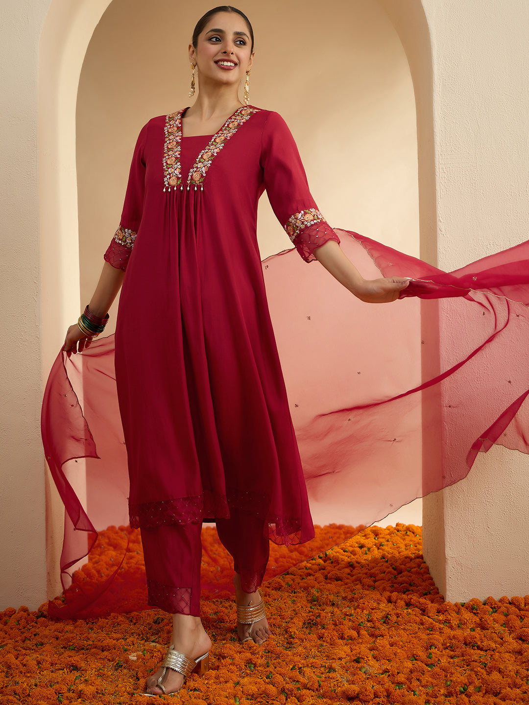 Janasya Women's Maroon Chanderi Silk Floral Yoke Embroidered A-Line Kurta Set