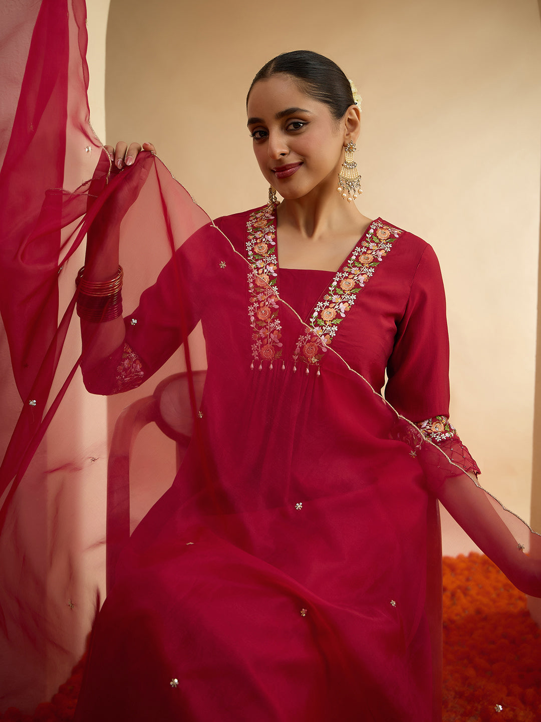 Janasya Women's Maroon Chanderi Silk Floral Yoke Embroidered A-Line Kurta Set