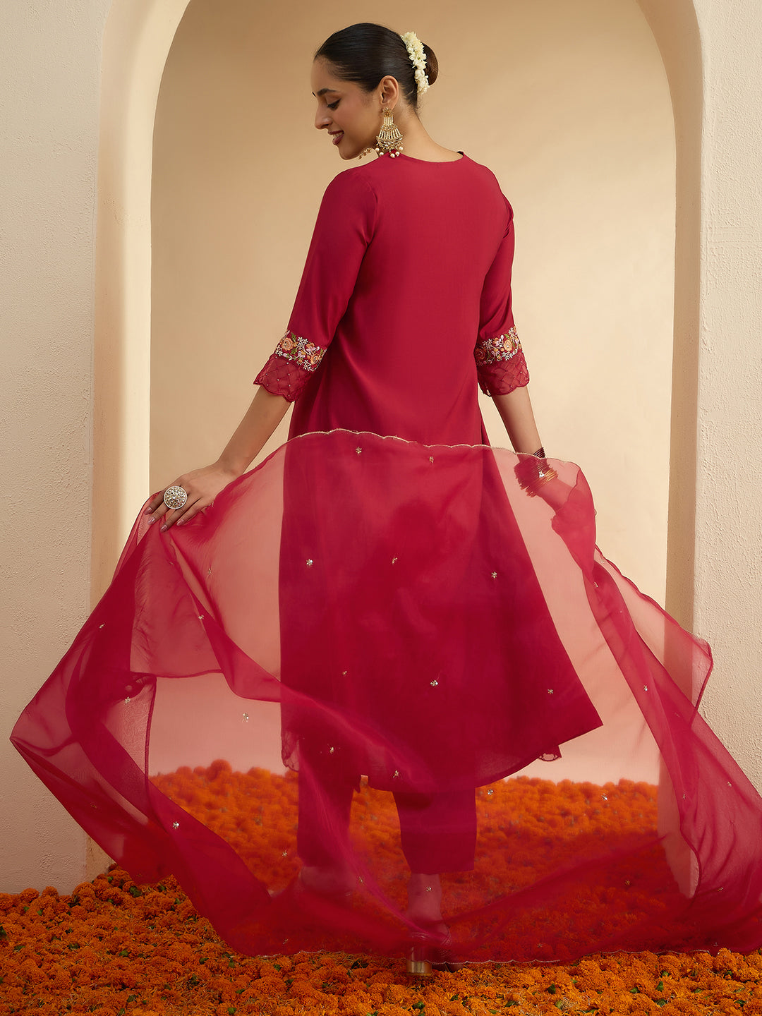 Janasya Women's Maroon Chanderi Silk Floral Yoke Embroidered A-Line Kurta Set