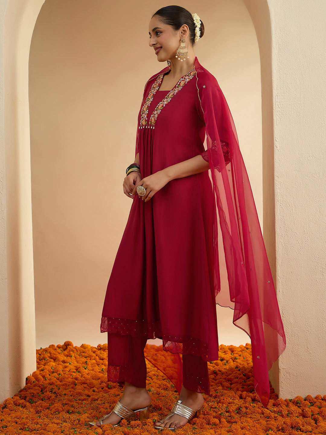 Janasya Women's Maroon Chanderi Silk Floral Yoke Embroidered A-Line Kurta Set