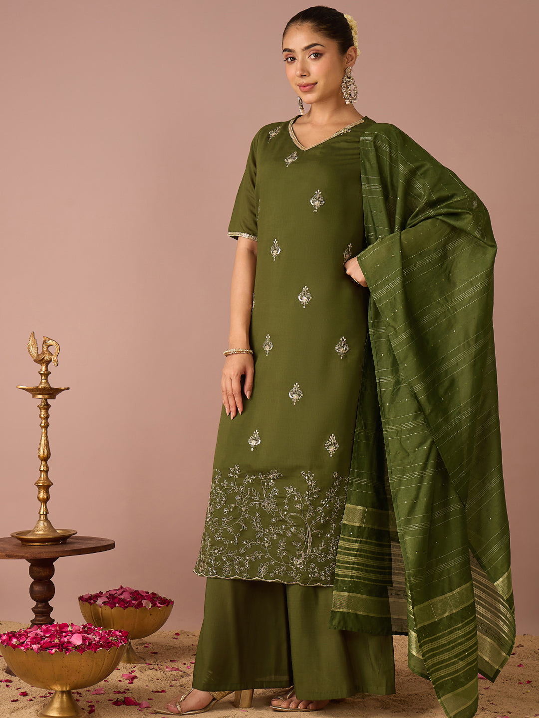 Janasya Women's Olive Green Chanderi Silk Embellished Straight Kurta with Palazzo and Dupatta Set
