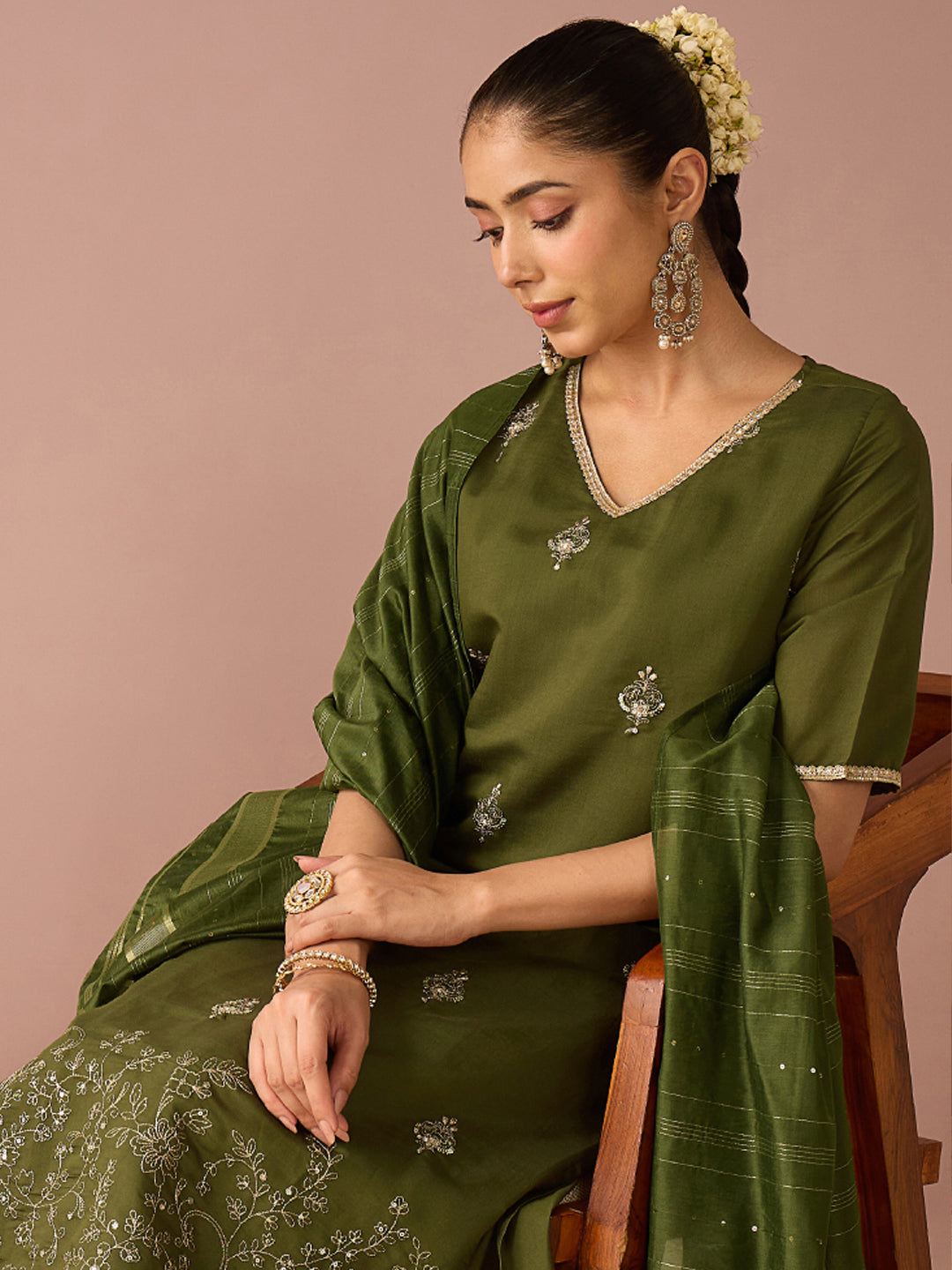 Janasya Women's Olive Green Chanderi Silk Embellished Straight Kurta with Palazzo and Dupatta Set