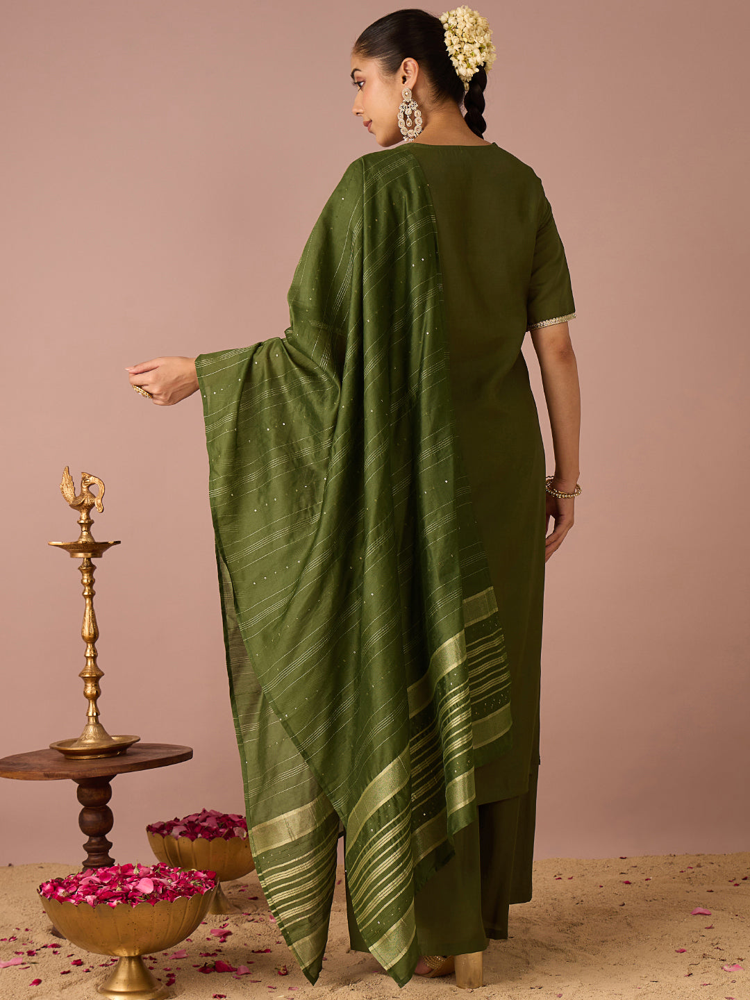Janasya Women's Olive Green Chanderi Silk Embellished Straight Kurta with Palazzo and Dupatta Set