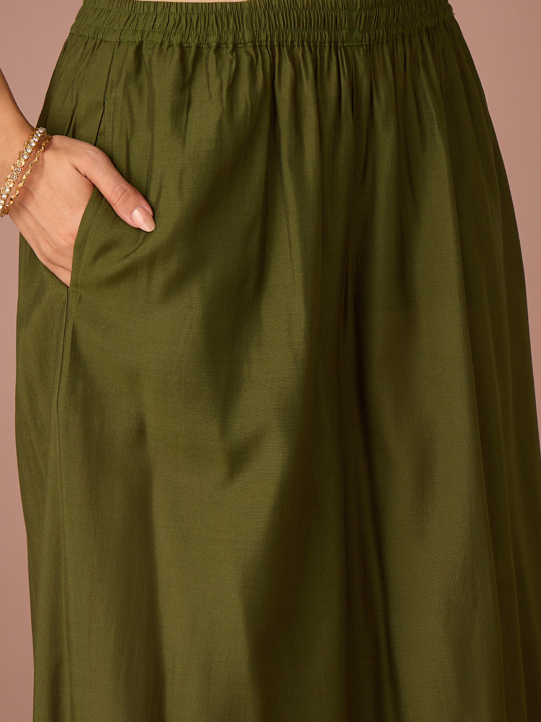 Janasya Women's Olive Green Chanderi Silk Embellished Straight Kurta with Palazzo and Dupatta Set