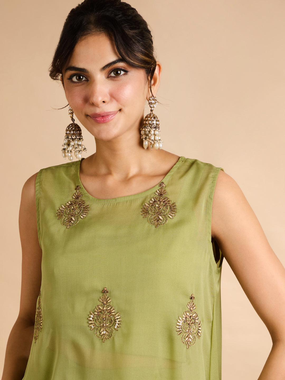 Janasya Women's Green Georgette Floral Zari Embroidered A-Line Co-Ord Set