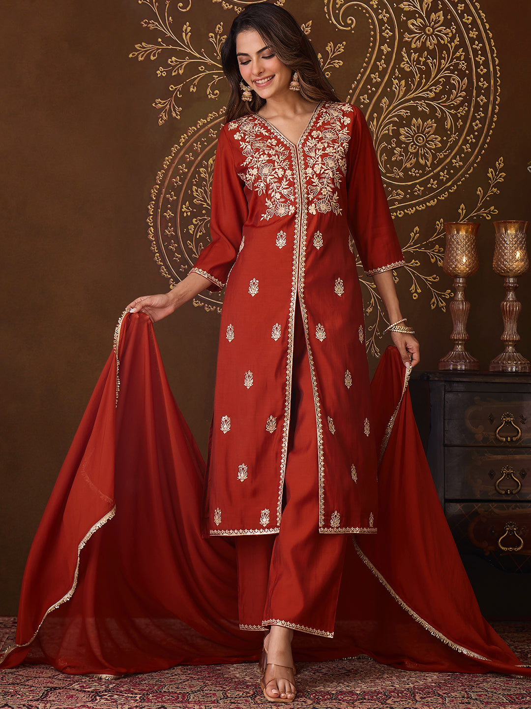 Janasya Women's Rust Chanderi Silk Floral Embroidered Straight High Slit Kurta Set
