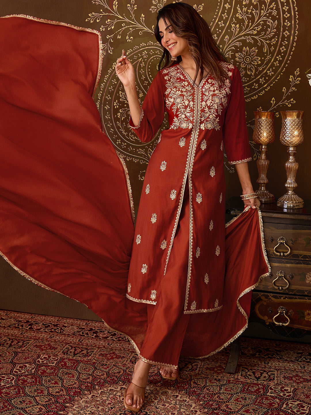Janasya Women's Rust Chanderi Silk Floral Embroidered Straight High Slit Kurta Set