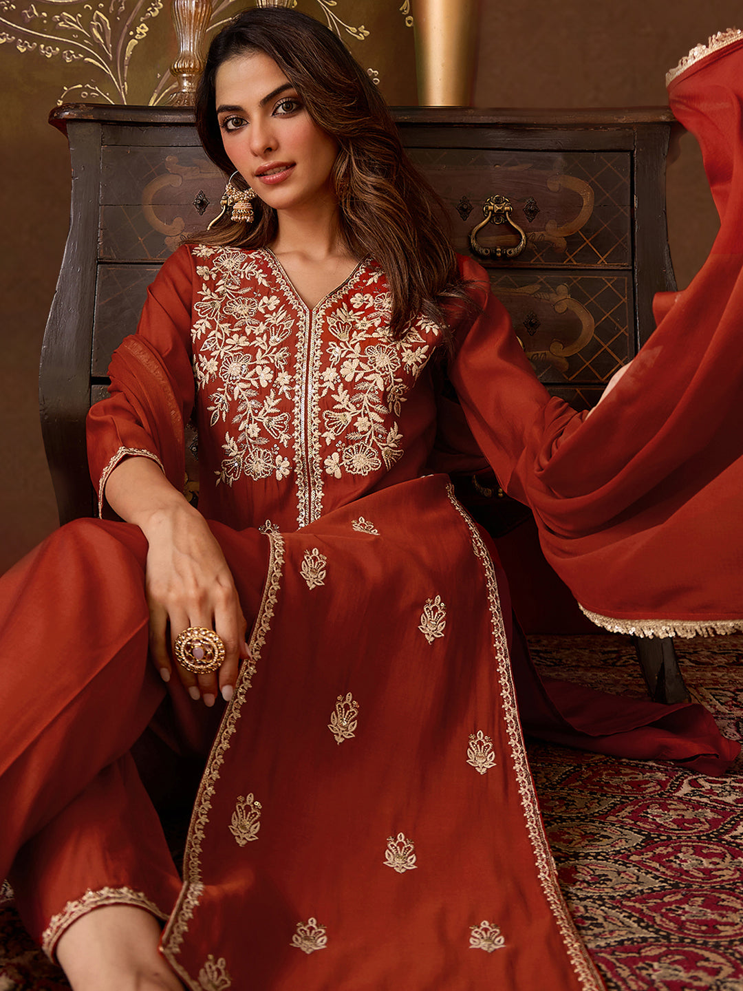 Janasya Women's Rust Chanderi Silk Floral Embroidered Straight High Slit Kurta Set