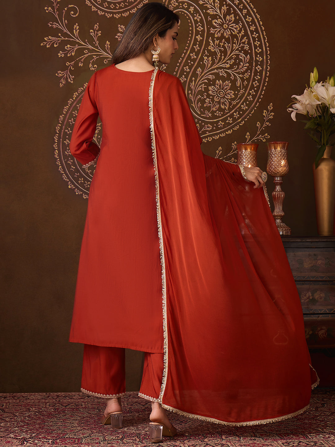 Janasya Women's Rust Chanderi Silk Floral Embroidered Straight High Slit Kurta Set