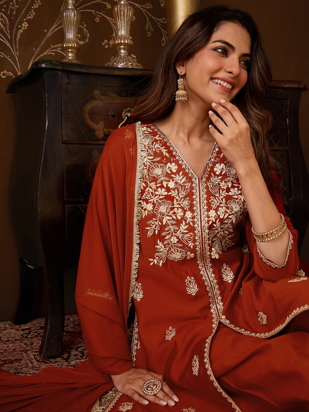 Janasya Women's Rust Chanderi Silk Floral Embroidered Straight High Slit Kurta Set