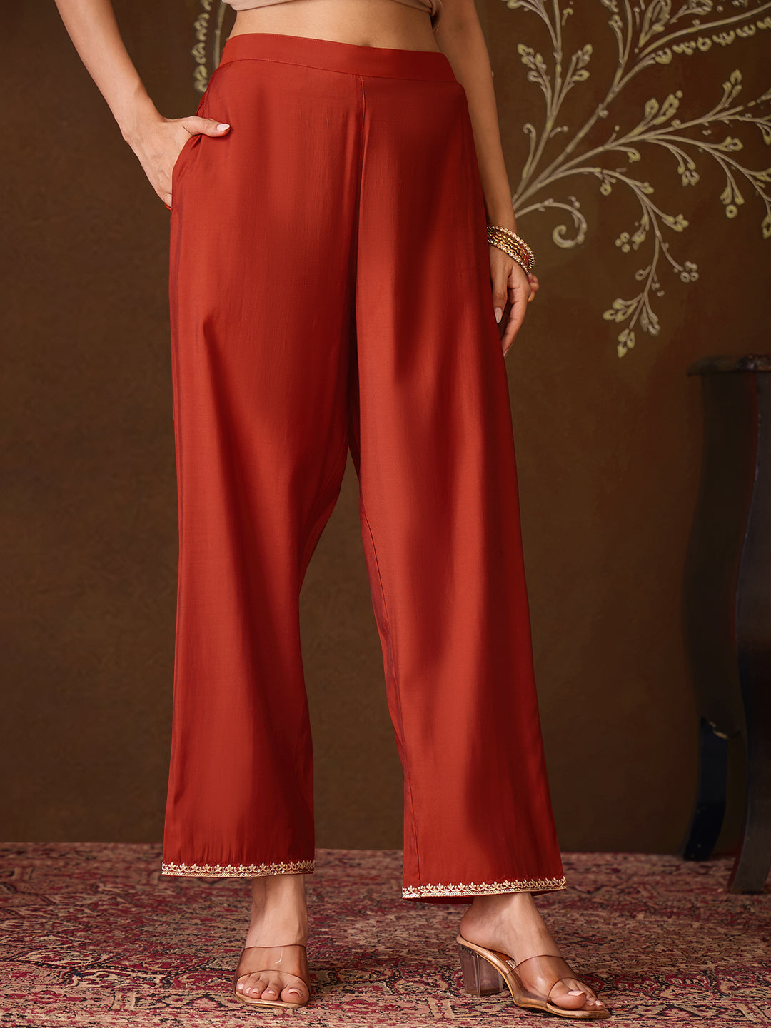 Janasya Women's Rust Chanderi Silk Floral Embroidered Straight High Slit Kurta Set