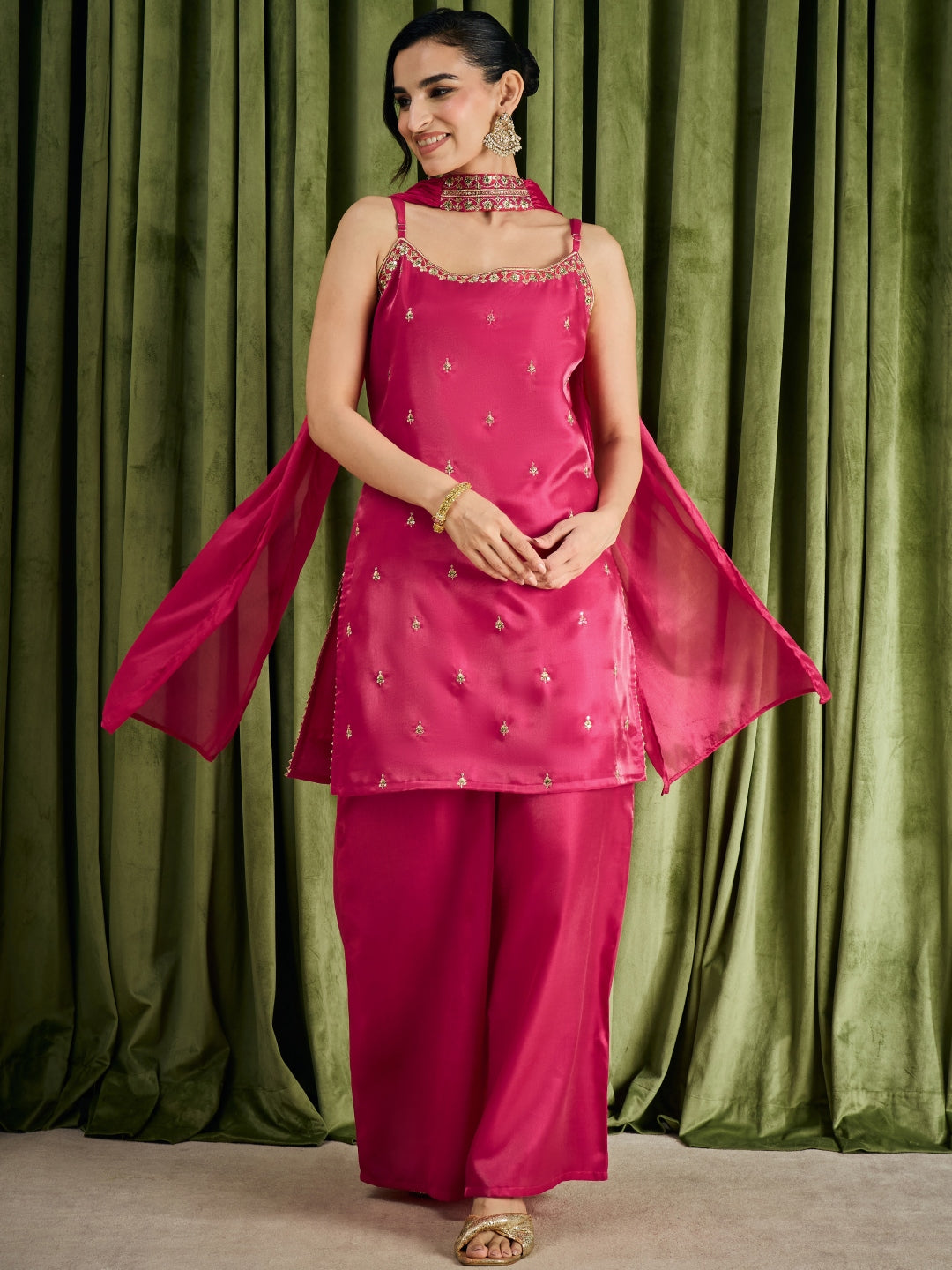 Janasya Women's Pink Silk Blend Floral Sequins And Zari Embroidered Straight Kurta with Palazzo And Choker Dupatta Set