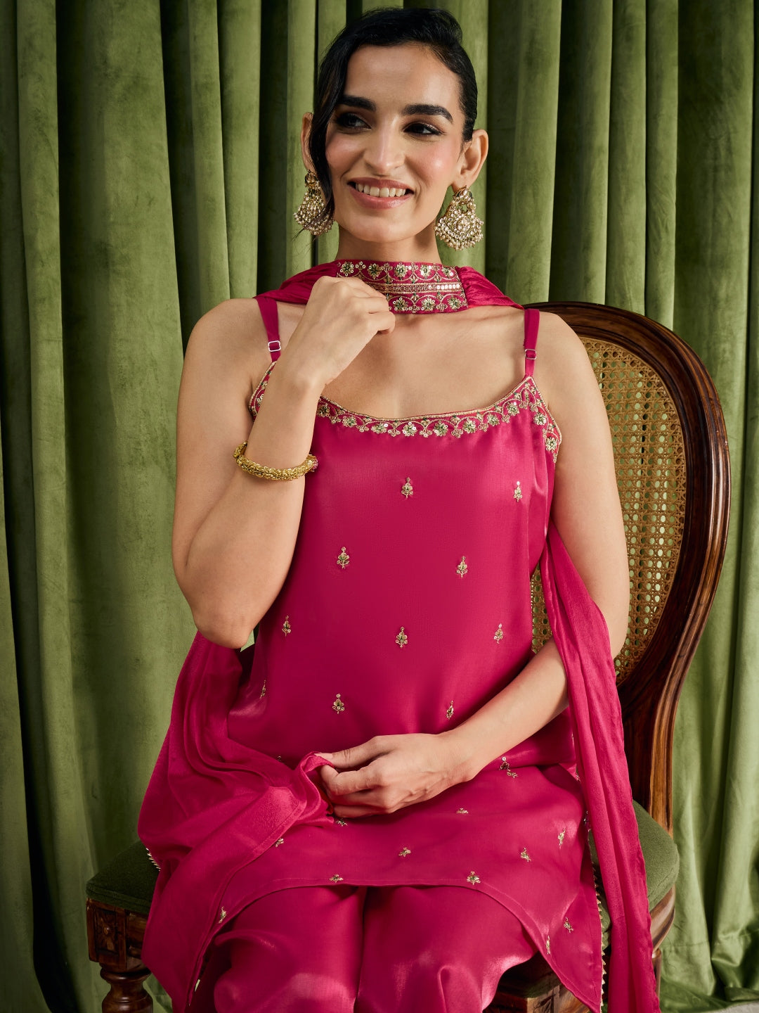 Janasya Women's Pink Silk Blend Floral Sequins And Zari Embroidered Straight Kurta with Palazzo And Choker Dupatta Set