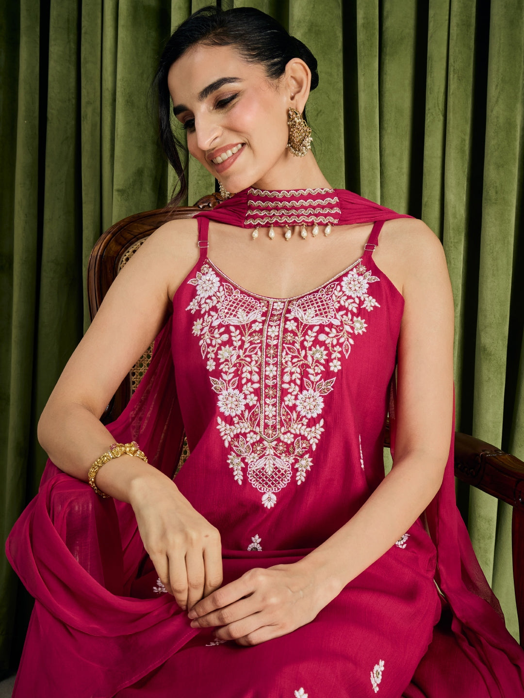 Janasya Women's Pink Silk Blend Floral Embroidered Straight Kurta Pant Set with Choker Dupatta