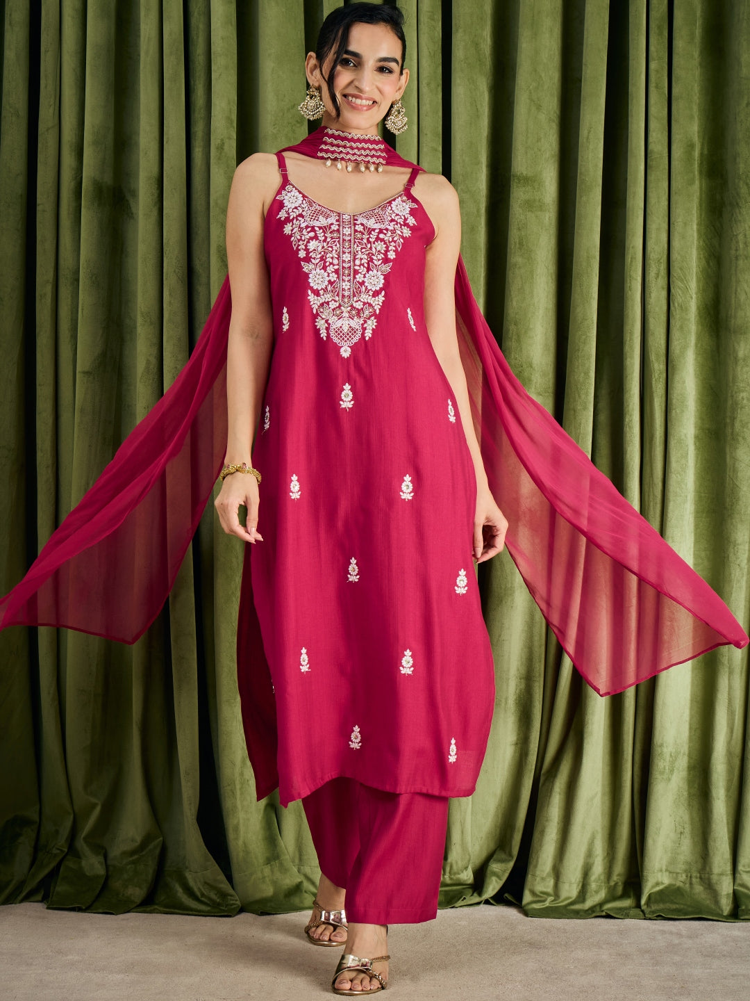 Janasya Women's Pink Silk Blend Floral Embroidered Straight Kurta Pant Set with Choker Dupatta