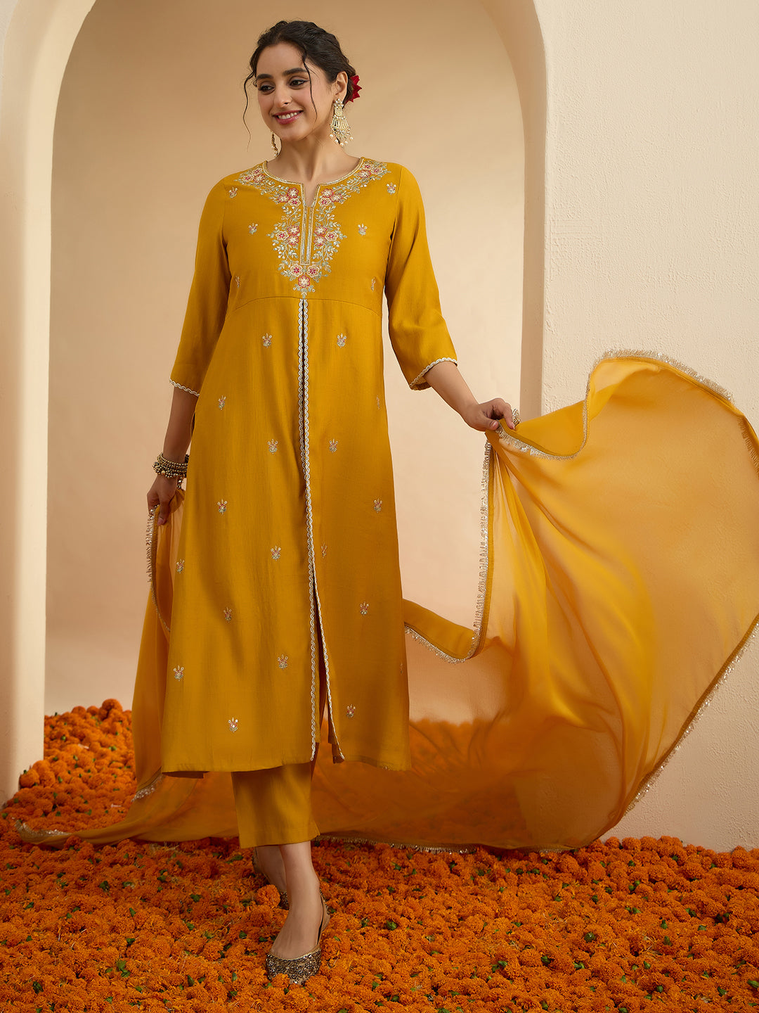 Janasya Women's Mustard Silk Blend Sequin Floral Embroidered Straight Front Slit Kurta Set