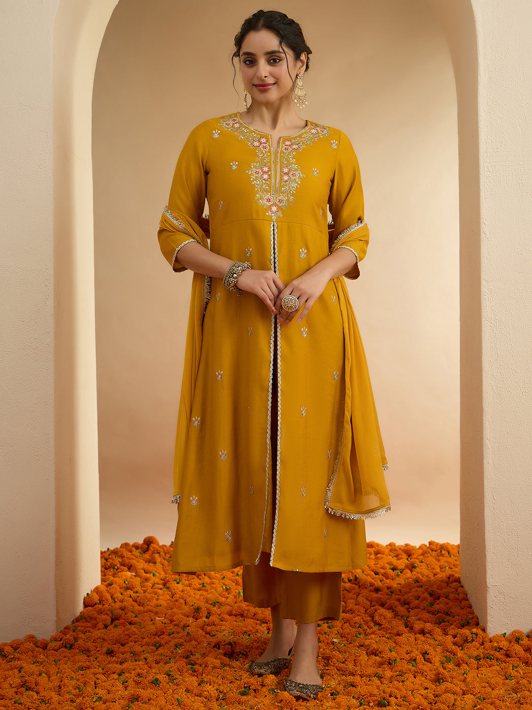 Janasya Women's Mustard Silk Blend Sequin Floral Embroidered Straight Front Slit Kurta Set