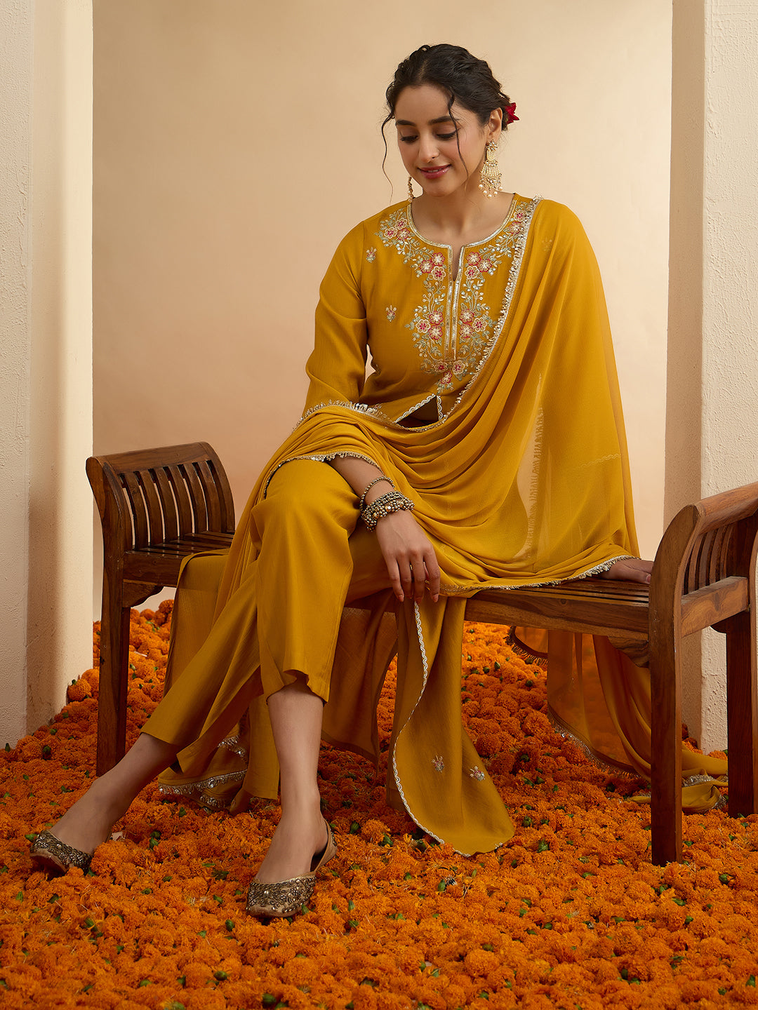 Janasya Women's Mustard Silk Blend Sequin Floral Embroidered Straight Front Slit Kurta Set