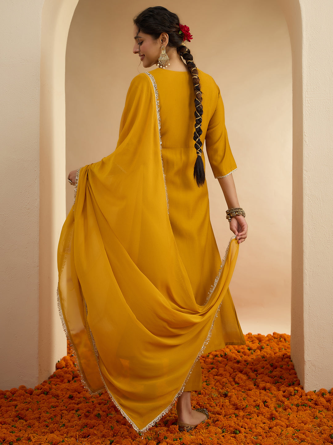 Janasya Women's Mustard Silk Blend Sequin Floral Embroidered Straight Front Slit Kurta Set
