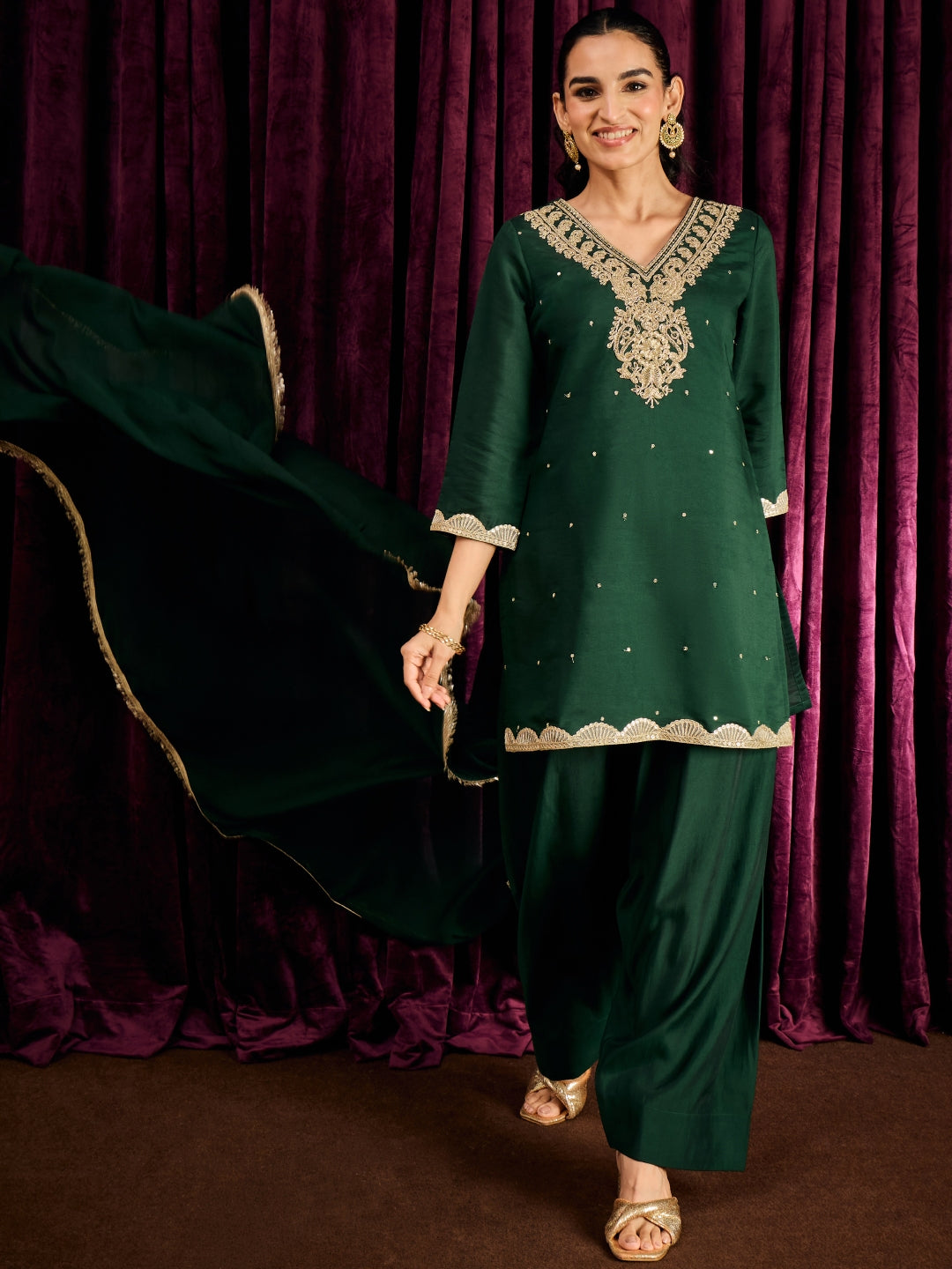 Janasya Women's Bottle Green Chanderi Silk Zari Yoke Embroidered Straight Kurta with Salwar and Dupatta Set