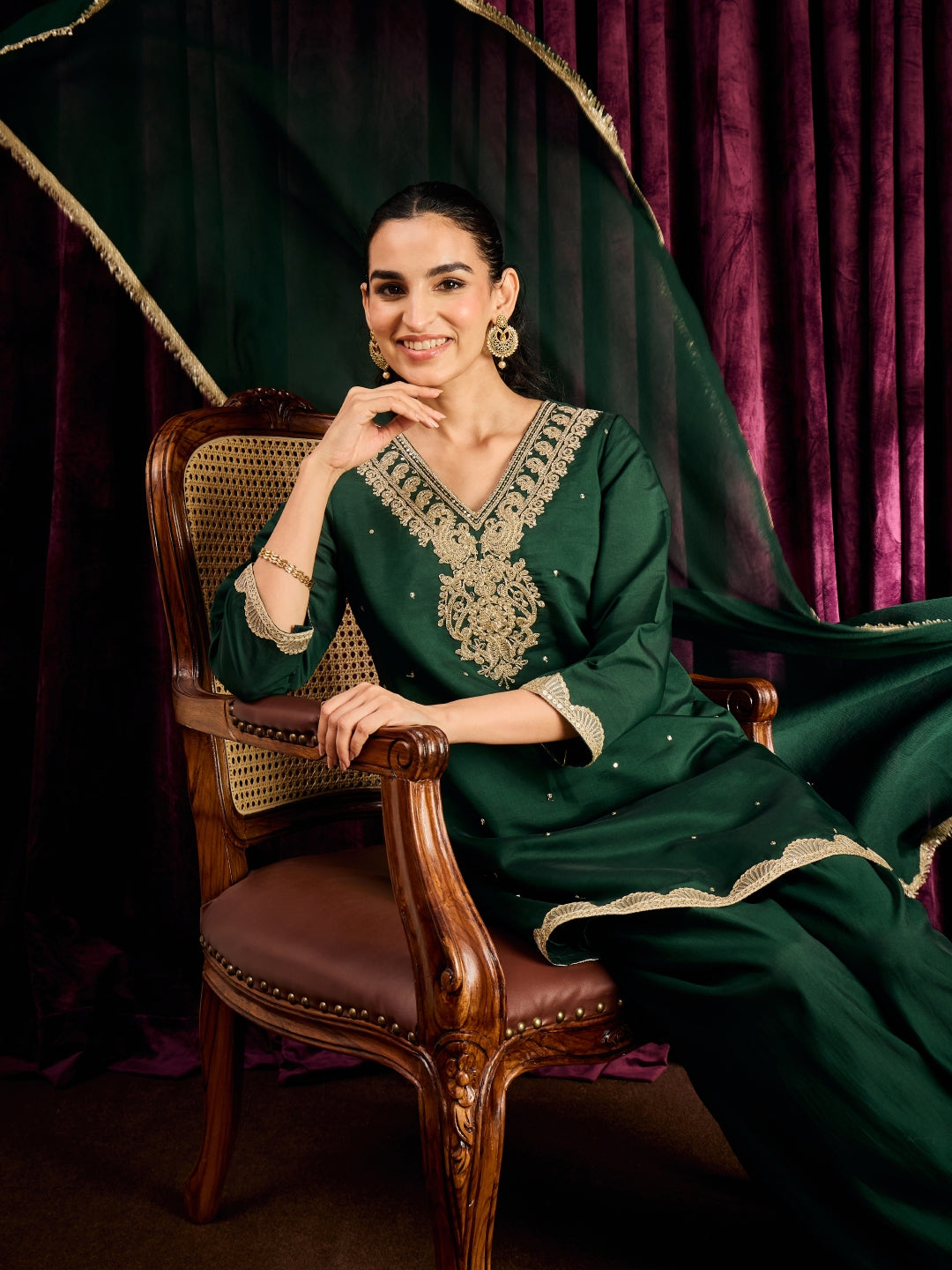 Janasya Women's Bottle Green Chanderi Silk Zari Yoke Embroidered Straight Kurta with Salwar and Dupatta Set