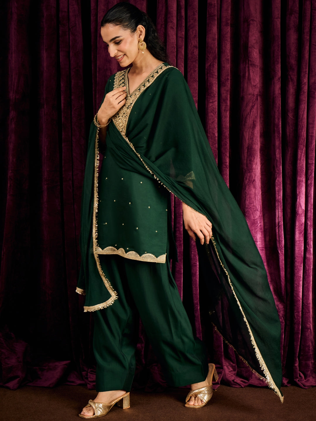 Janasya Women's Bottle Green Chanderi Silk Zari Yoke Embroidered Straight Kurta with Salwar and Dupatta Set