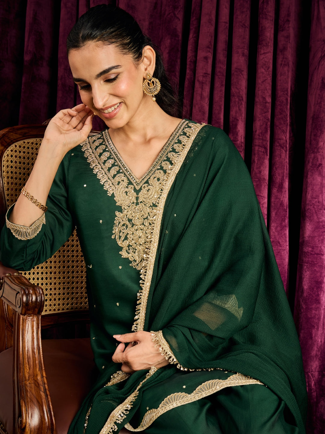 Janasya Women's Bottle Green Chanderi Silk Zari Yoke Embroidered Straight Kurta with Salwar and Dupatta Set