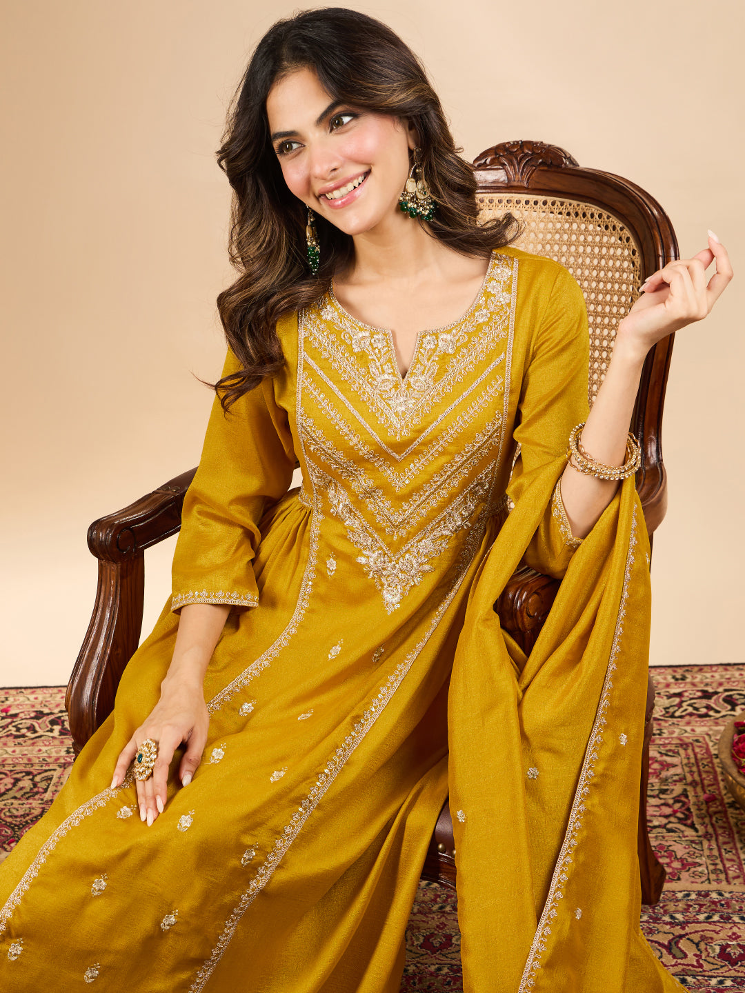 Janasya Women's Mustard Yellow Silk Blend Floral Embroidered A-Line Kurta Set