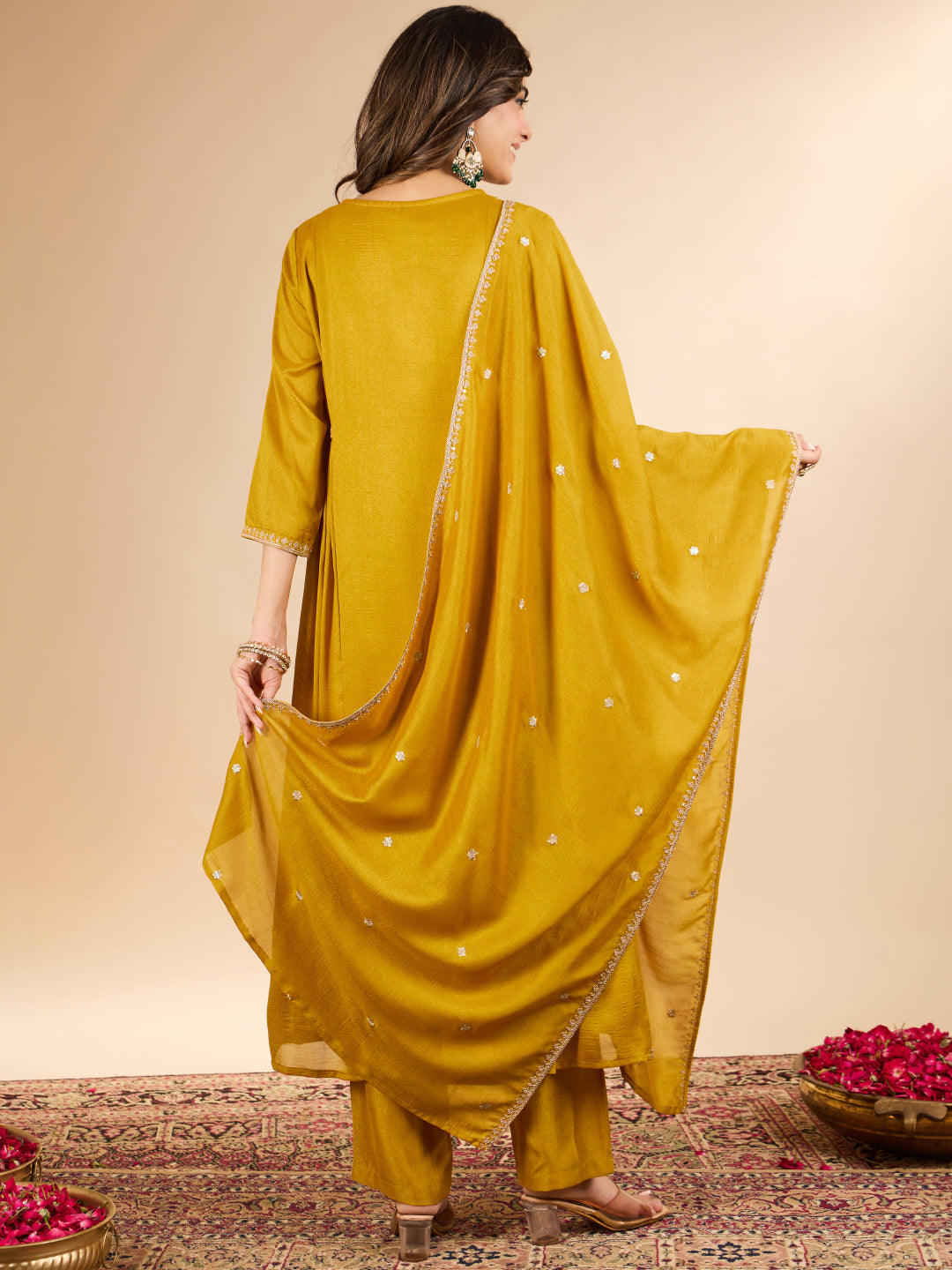 Janasya Women's Mustard Yellow Silk Blend Floral Embroidered A-Line Kurta Set